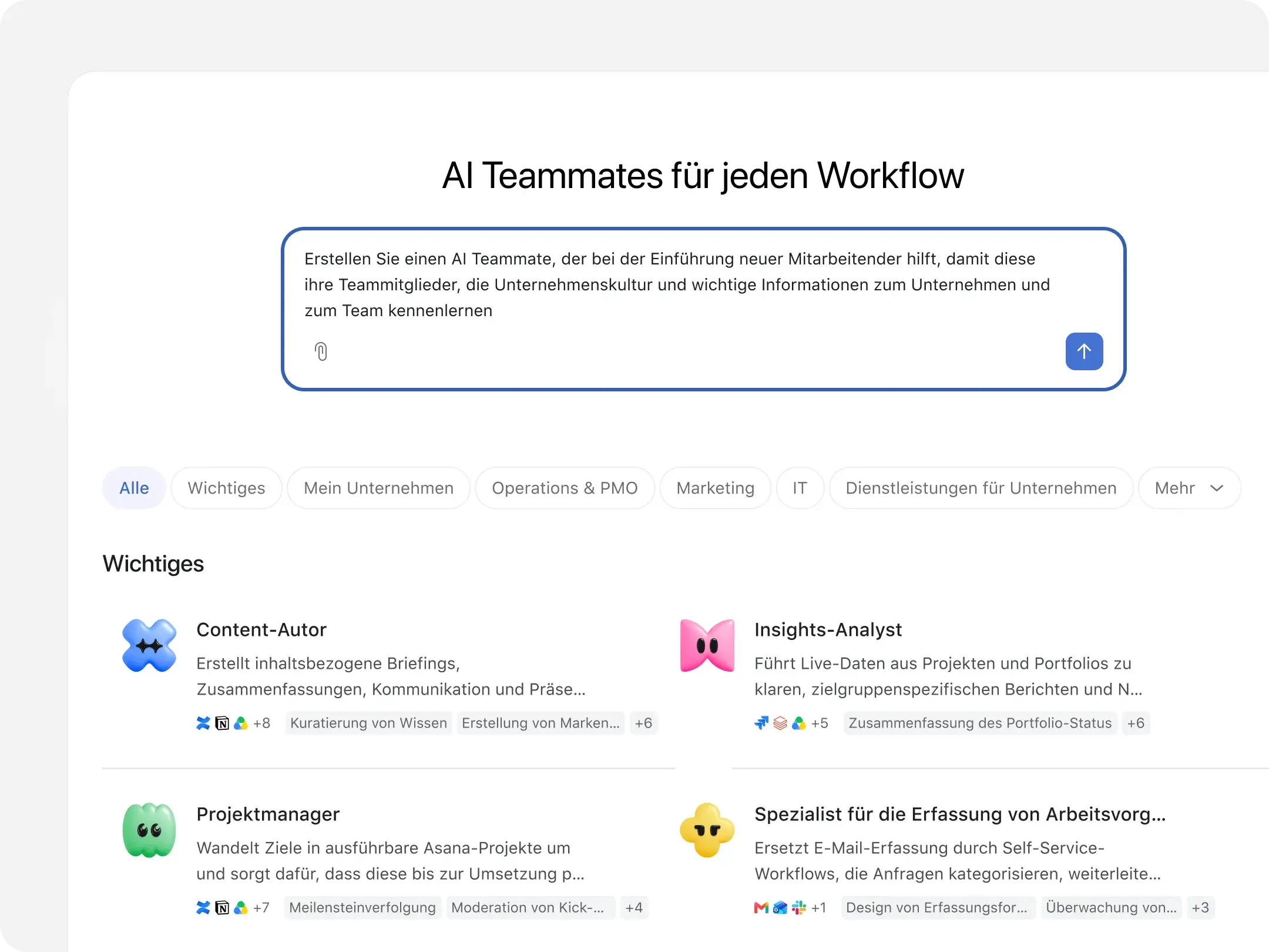 Oberfläche der Asana-AI-Teammate-Galerie, in der gefragt wird: „Welche Arbeit soll Ihr AI Teammate erledigen?“, mit einer Benutzeranweisung. Darunter befinden sich KI-Rollenkarten wie „Manager für Content-Lokalisierung“, „Texter“ und „Wettbewerbsanalyst“.