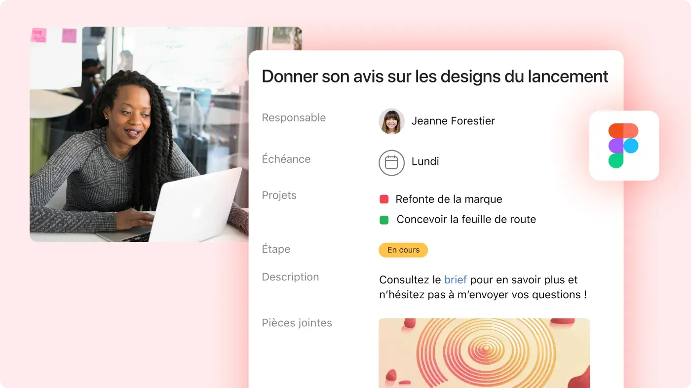 Tâche de révision créative sur Asana - Interface utilisateur produit avec intégration Adobe Creative Cloud 