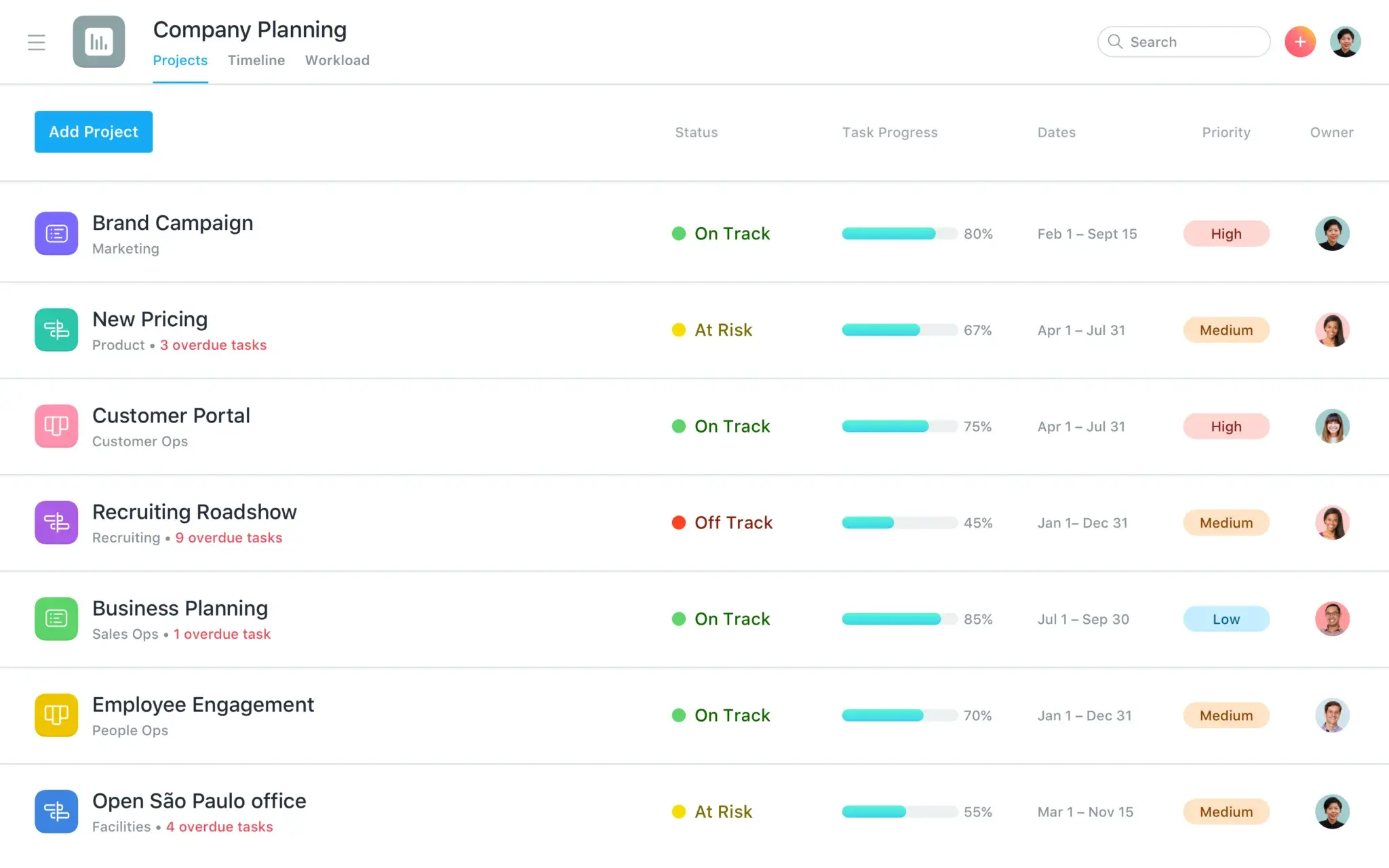 Project portfolios in Asana