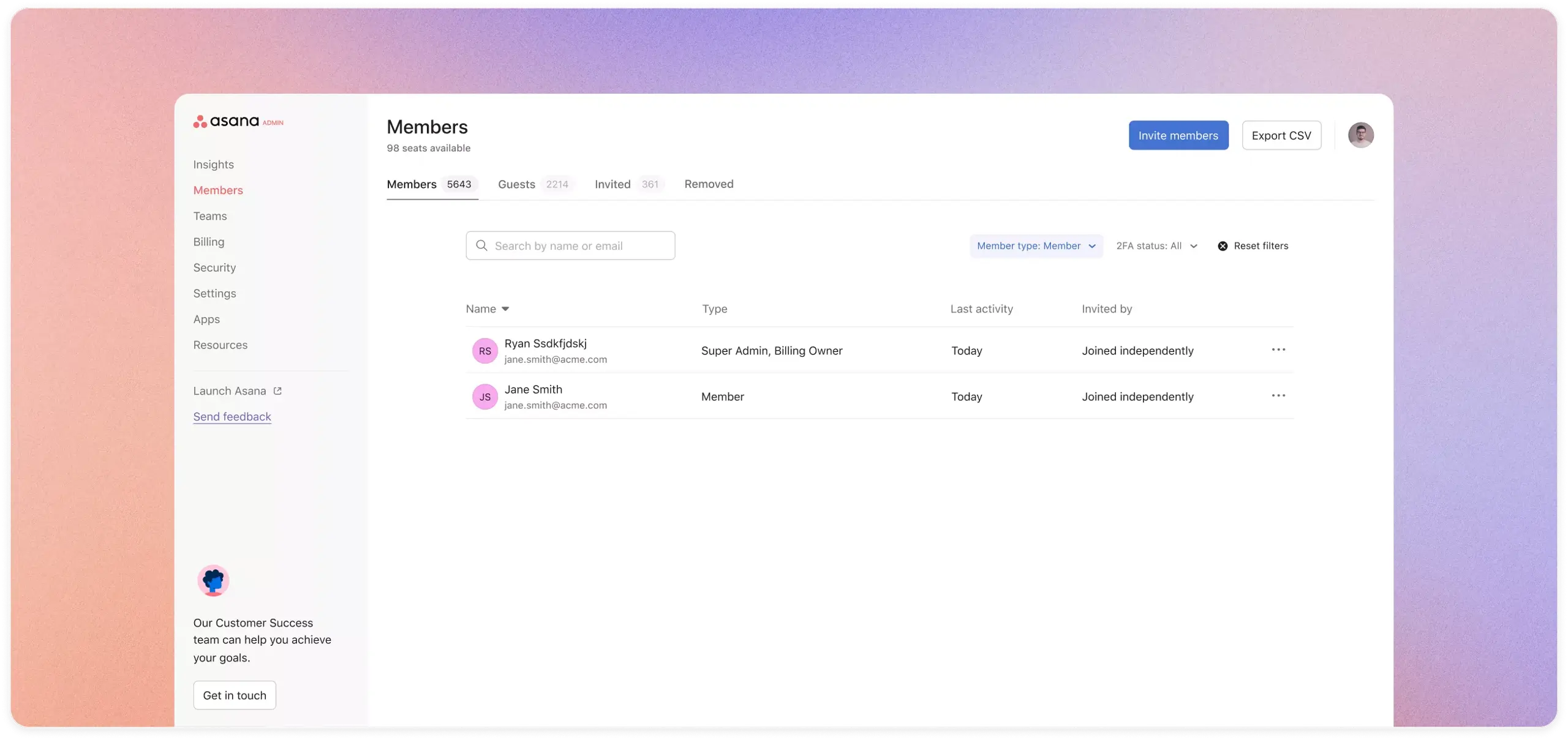 Admin console in Asana