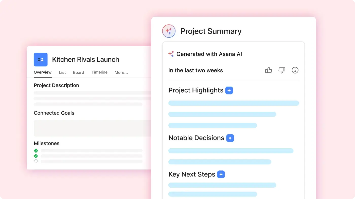 Kitchen Rivals launch project summary: Asana abstracted product UI