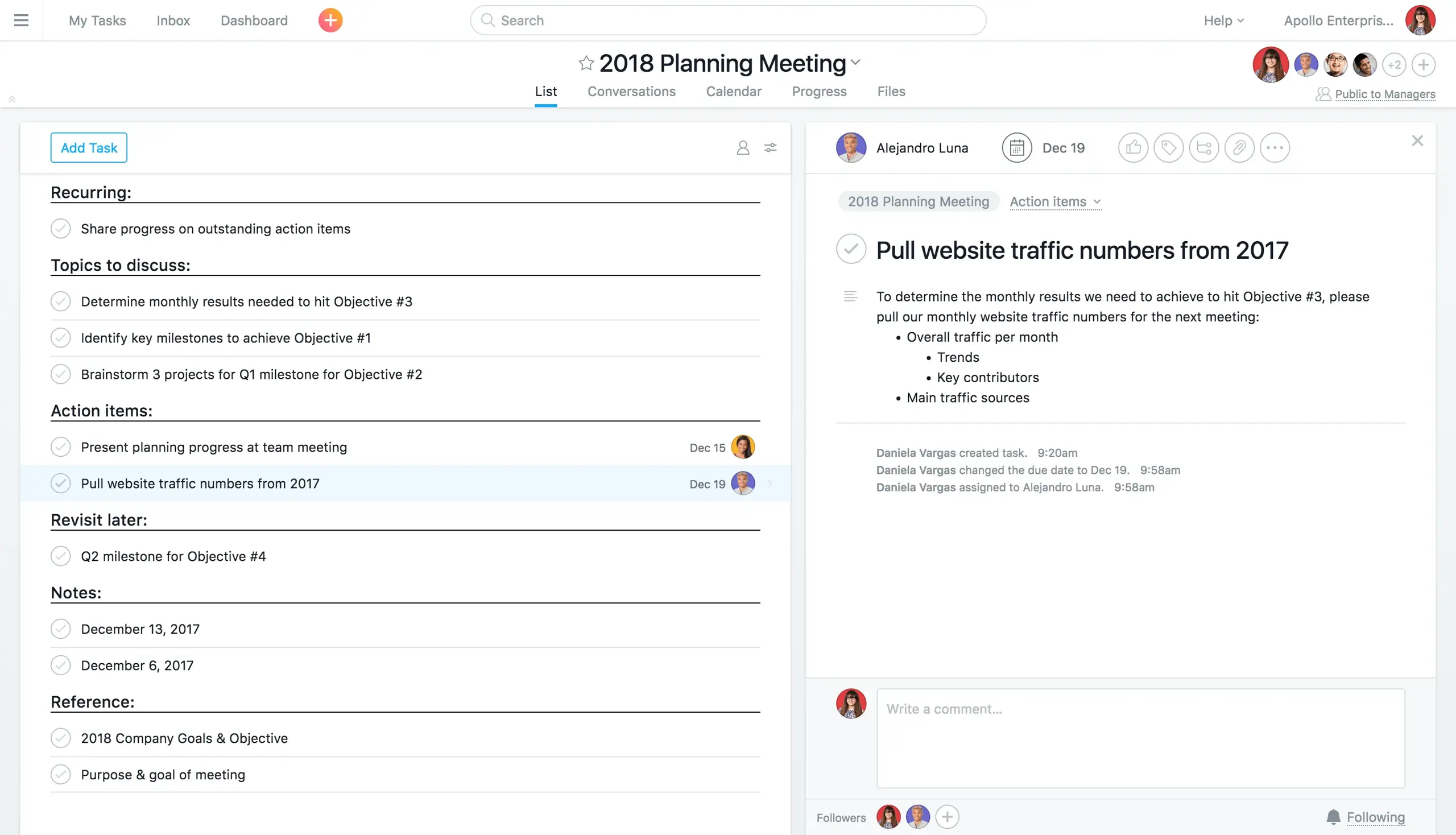 Product UI: Meeting notes in Asana