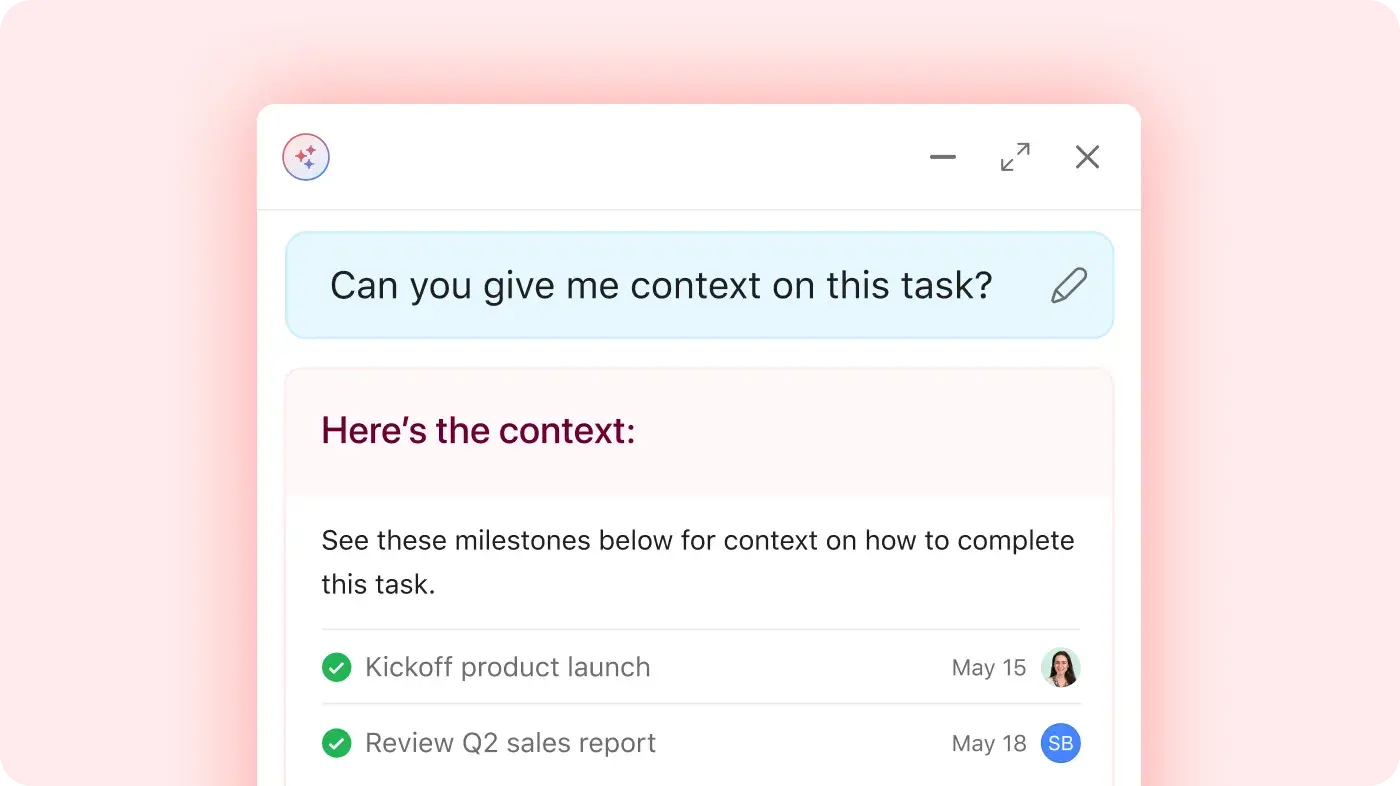 Product UI showing Asana AI providing a response to the prompt "can you give me context for this project"