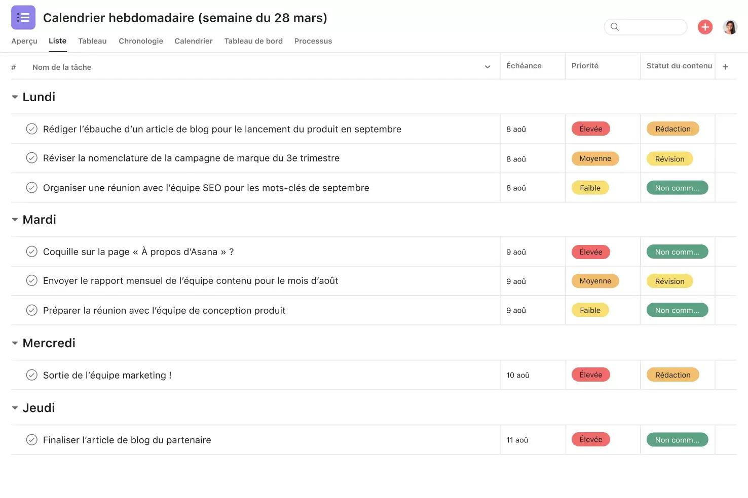 [Product UI] Planning hebdomadaire trié par priorité et statut (vue Liste)