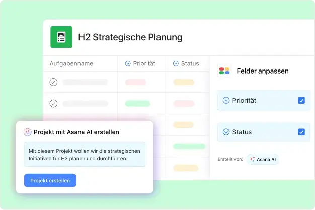 Product UI showing Asana AI automatically creating a project based on the prompt "The purpose of this project is to plan and execute strategic initiatives for H2."