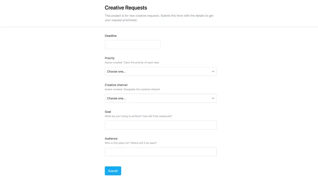 Marketing creative teams: creative requests form