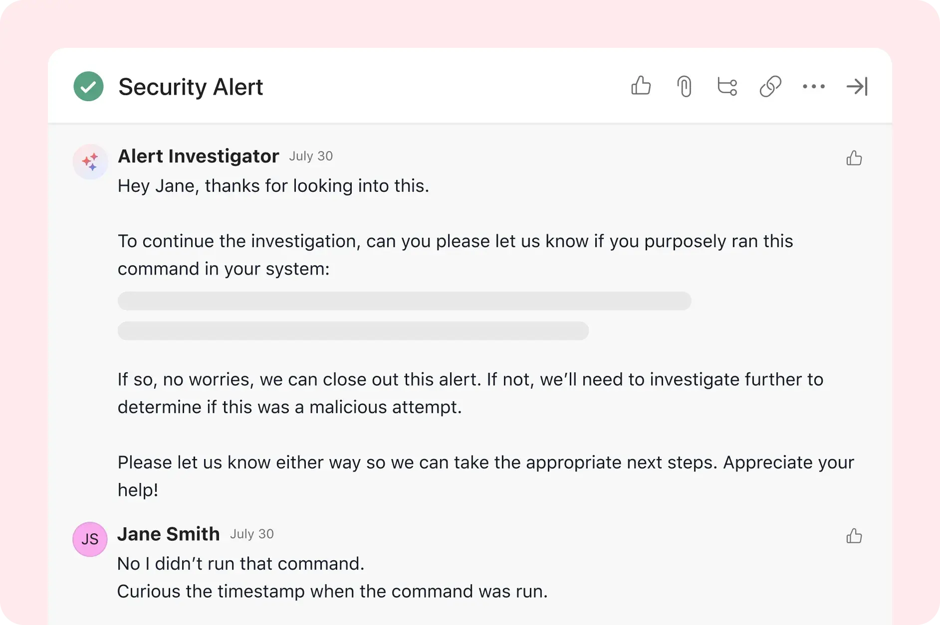 Product UI image that shows Asana AI Studio being used to discuss and resolve a security alert internally