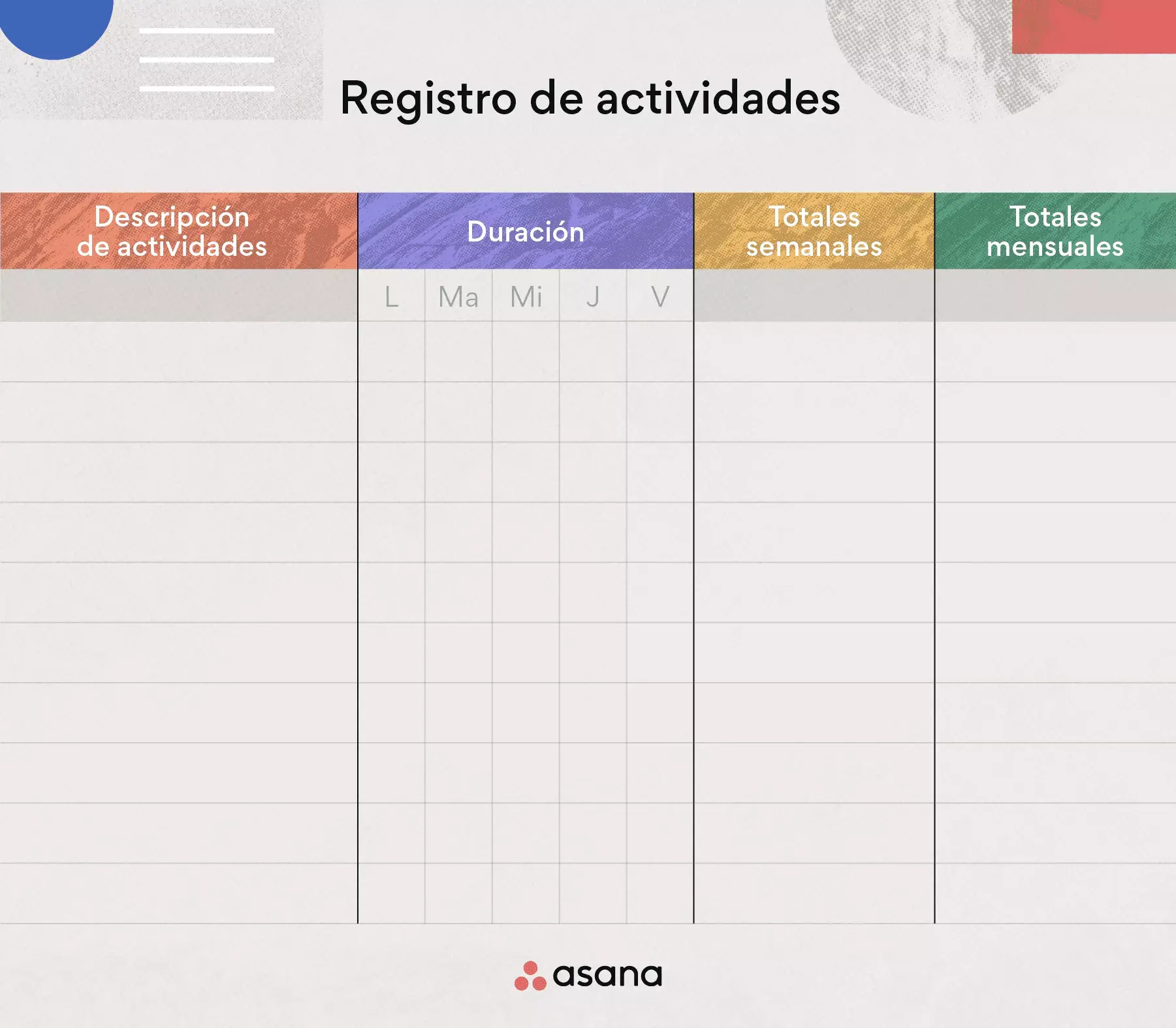 Plantilla para registro de actividades