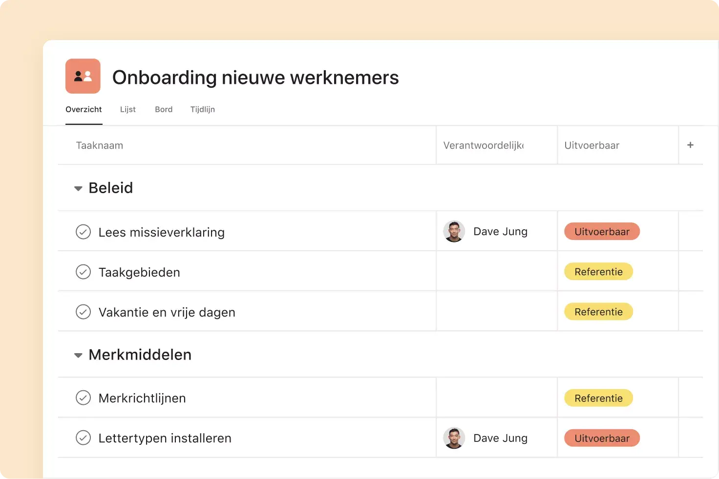 beheer onboarding van werknemers in Asana