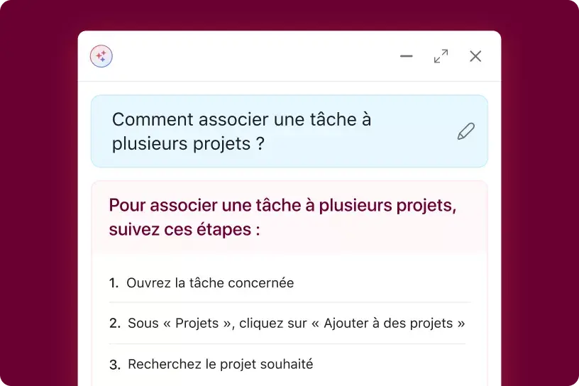 L’interface utilisateur produit montre la fonctionnalité collègues IA d’Asana en train de répondre à la question saisie par l’utilisateur « Comment créer un hébergement multiple pour une tâche ? » avec des articles d’aide pertinents