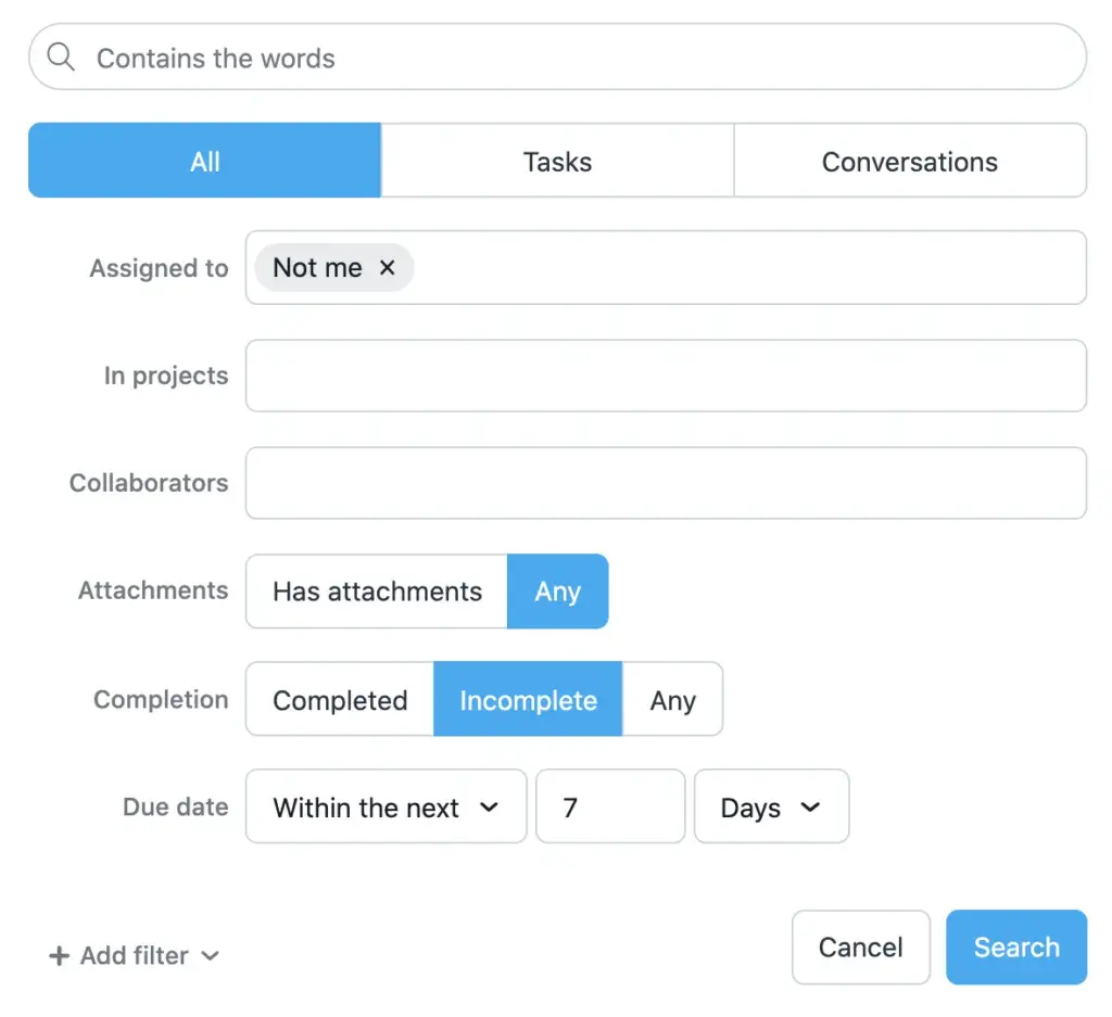 Advanced search in Asana