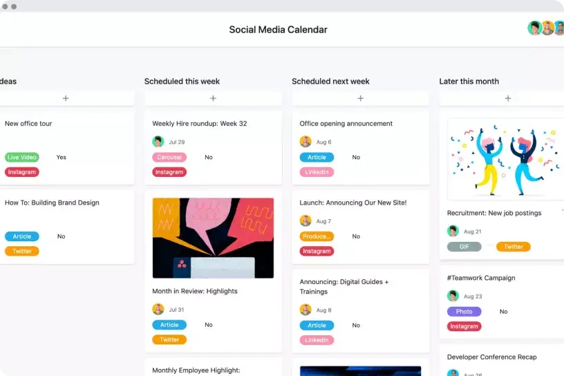 Interfaz de usuario del producto de calendario para redes sociales de Asana