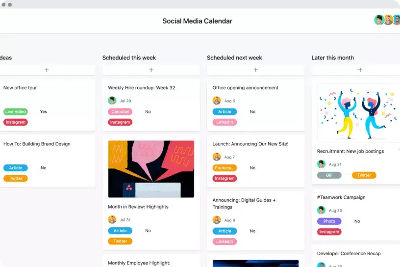 Calendrier de publication sur les réseaux sociaux sur Asana - Interface utilisateur produit