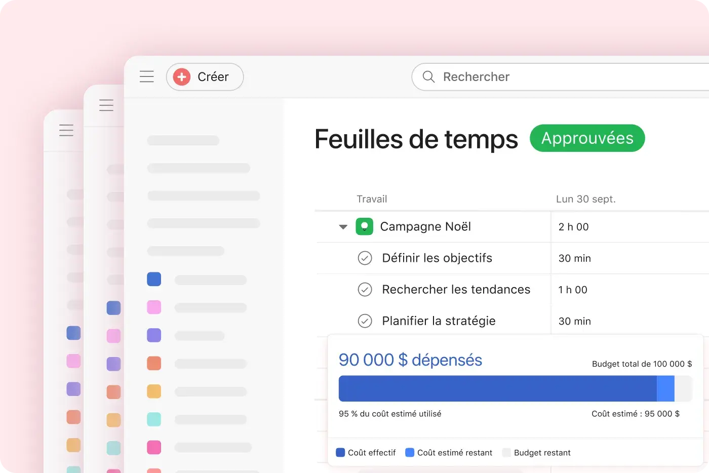 Capture d’un tableau de bord de gestion de projet montrant une feuille de temps approuvée pour une « Campagne de fêtes ». Y figurent le suivi du temps et un module de gestion budgétaire indiquant que 90 000 $ ont été dépensés sur un total de 100 000 $.