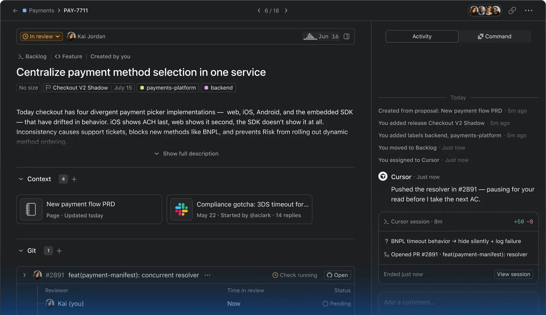 Dark mode issue tracker UI for a task to centralize payment methods. It displays the description, active Git PRs with pending reviewers, linked context docs, and an activity sidebar showing an AI Cursor integration pushing code.