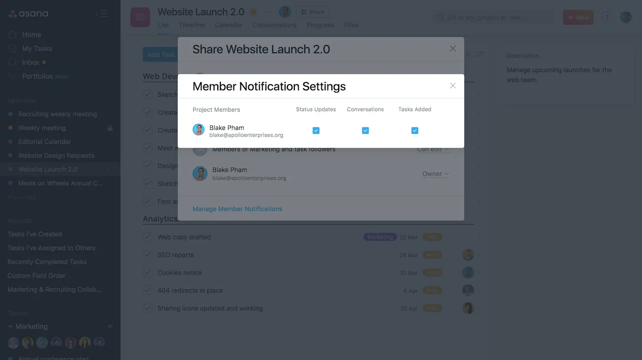project notification settings
