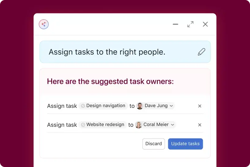 Product UI showing Asana AI teammate functionality scanning a task and recommending who the task should be assigned to