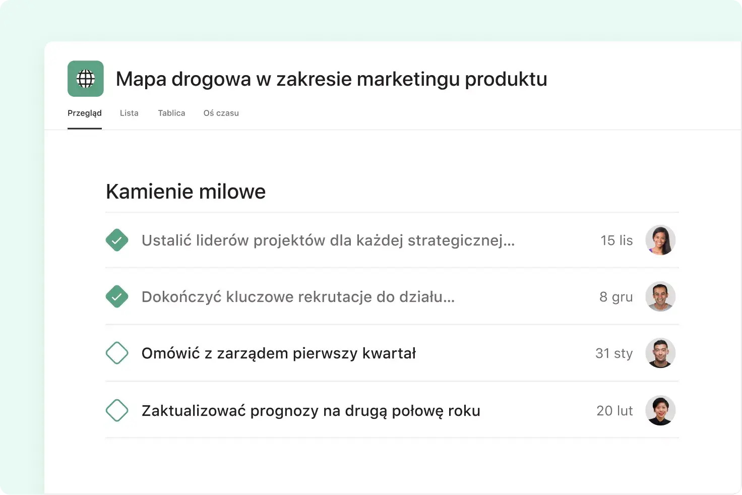 monitoruj kamienie milowe projektów w Asanie