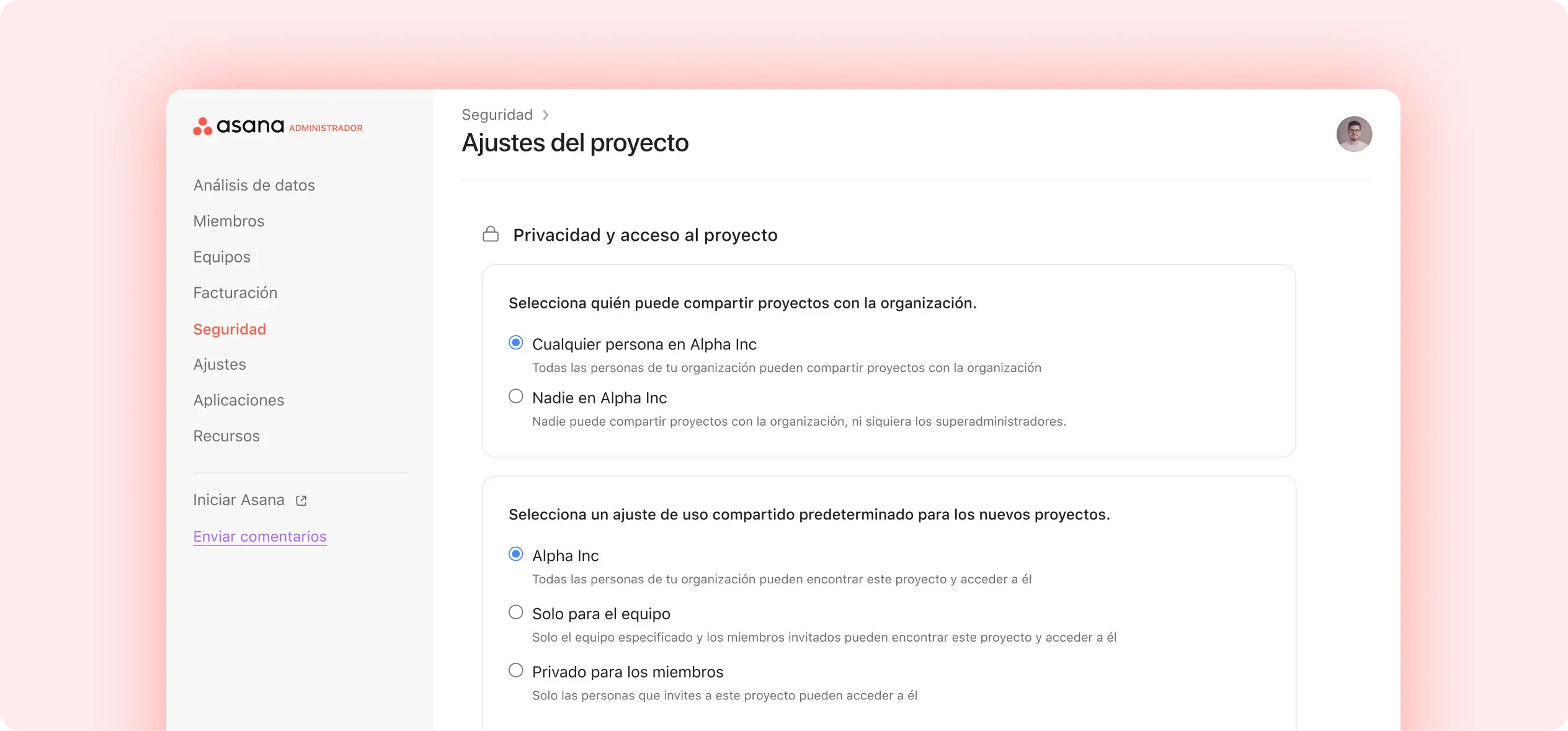 Interfaz de usuario de los permisos en Asana