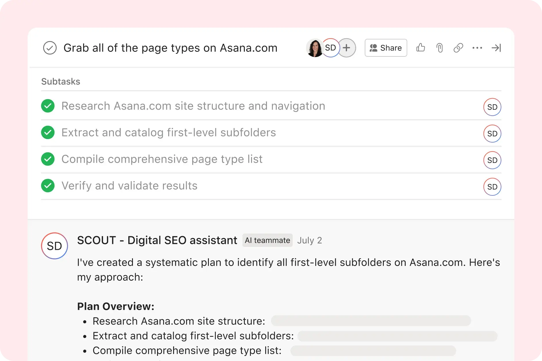 Asana product UI image showing an SEO assistant AI Teammate mapping out the plan to grab all page types on Asana.com