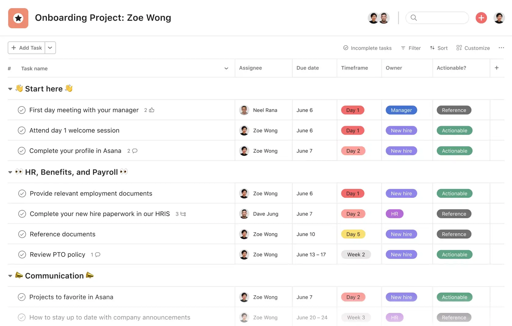清單檢視 – Asana 中新員工到職之專案，以試算表風格呈現的清單檢視