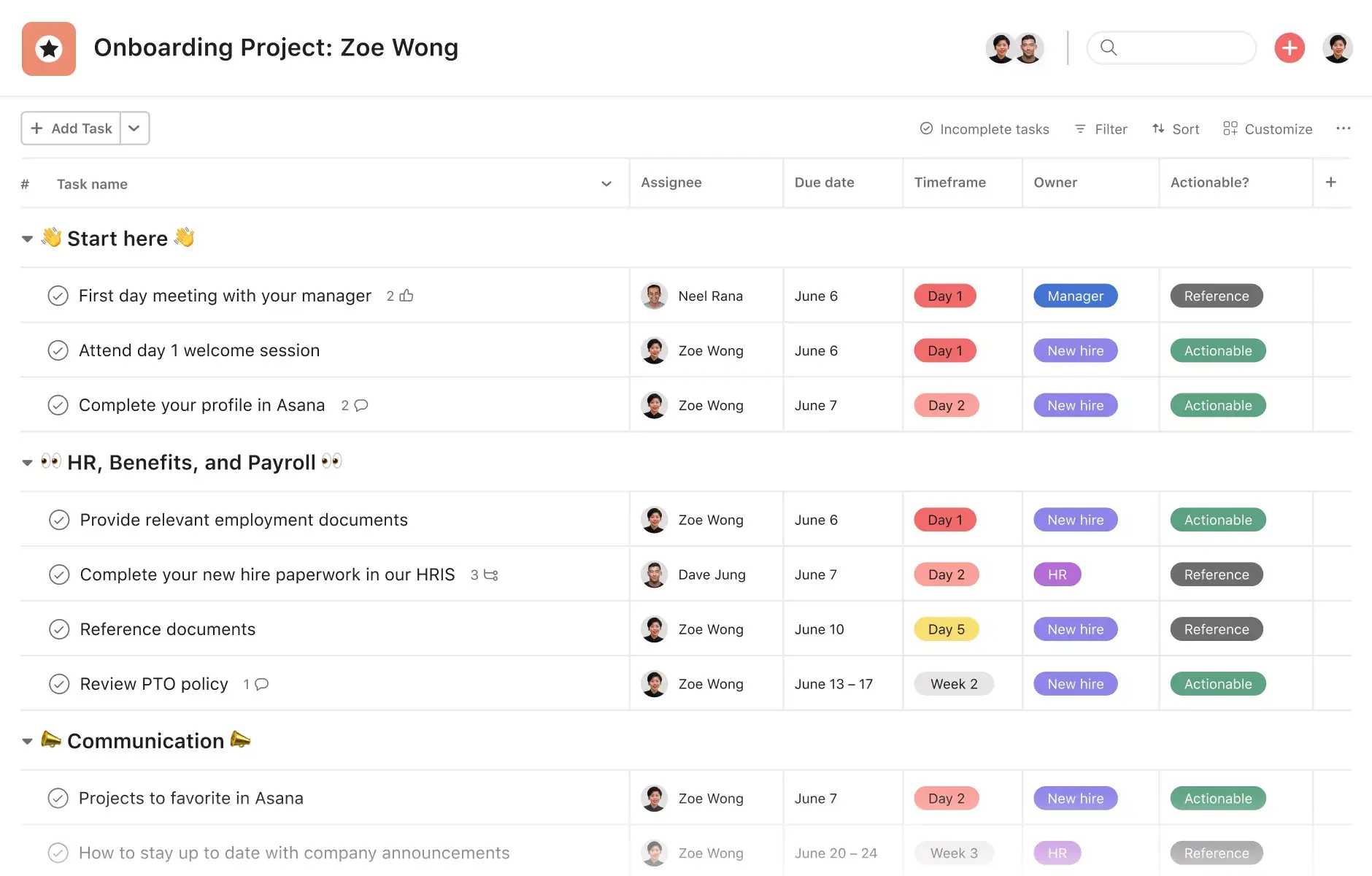 Vista de Lista: proyecto de incorporación de nuevos empleados en Asana, vista de lista al estilo de una hoja de cálculo