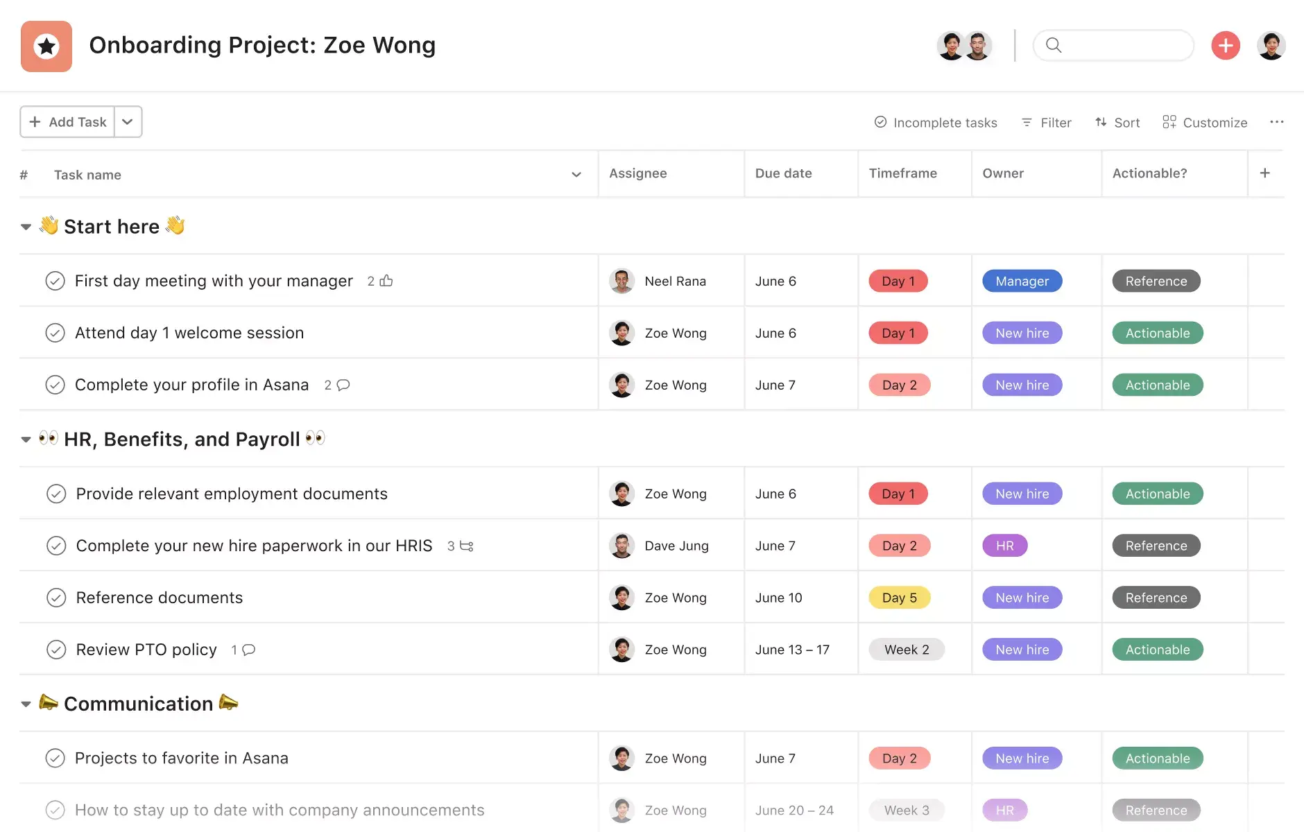 [Product UI] New employee onboarding project in Asana, spreadsheet-style list view (Lists)