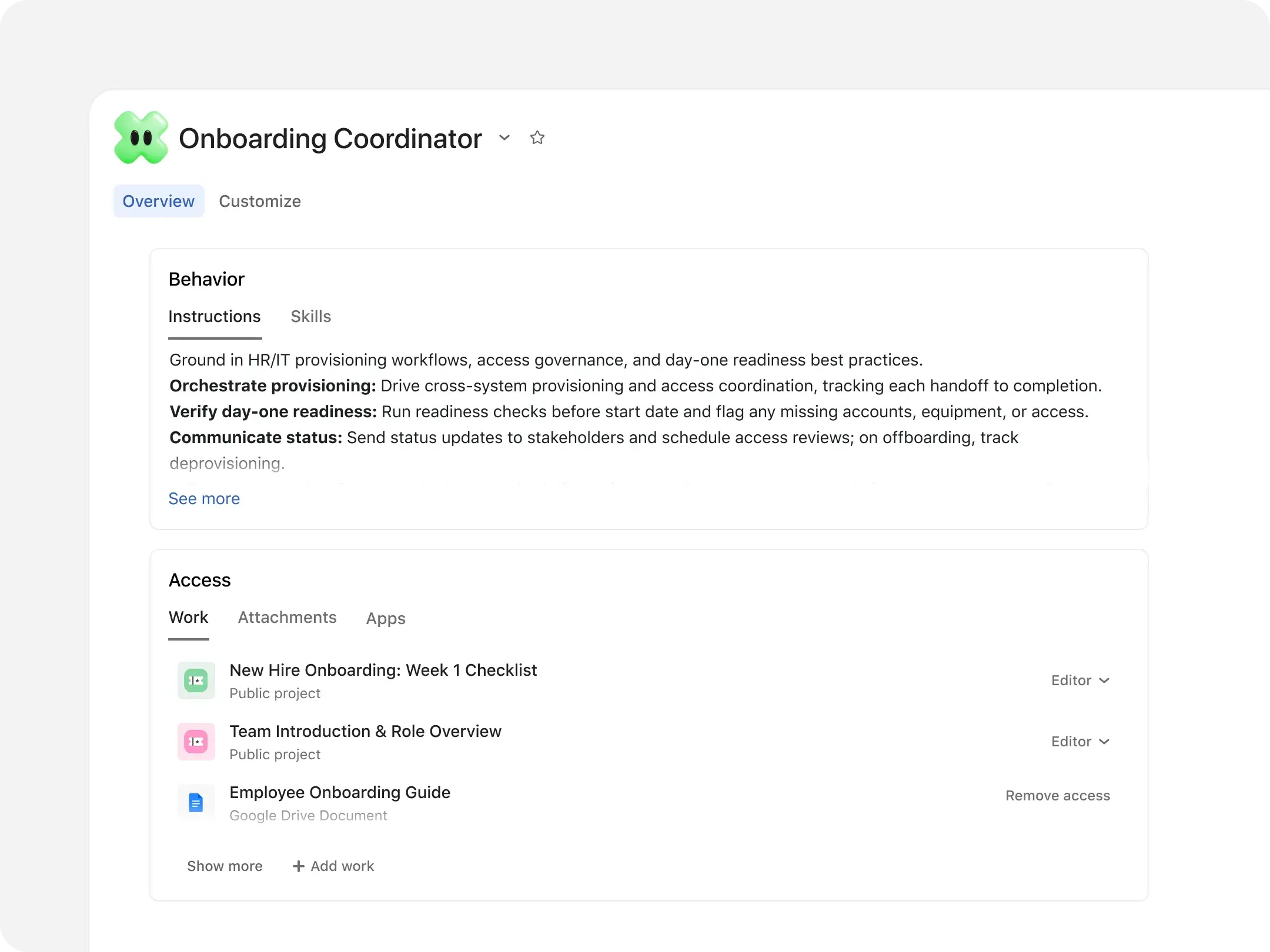 Asana AI Teammate gallery showing a creation prompt and recommended teammates including Creative Ops Manager, Campaign Analyst, and Project Manager