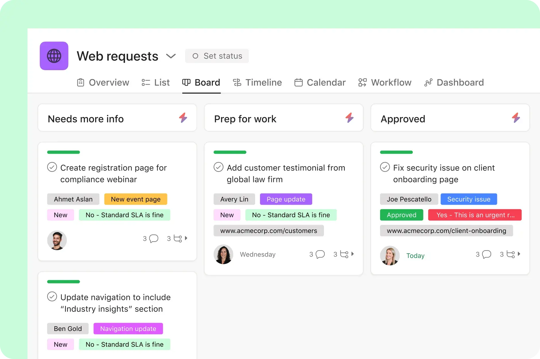 Asana product UI showing how AI Studio moves web requests through the intake process