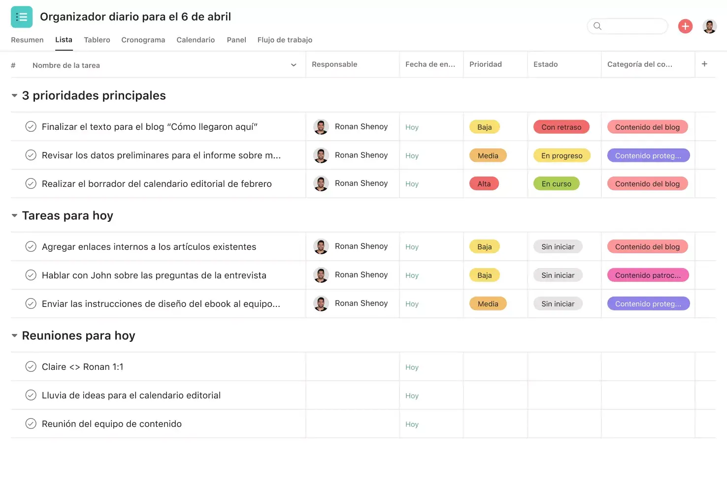 [Interfaz de usuario del producto] Imagen de plantilla para proyecto de planificador diario en Asana (vista de lista)