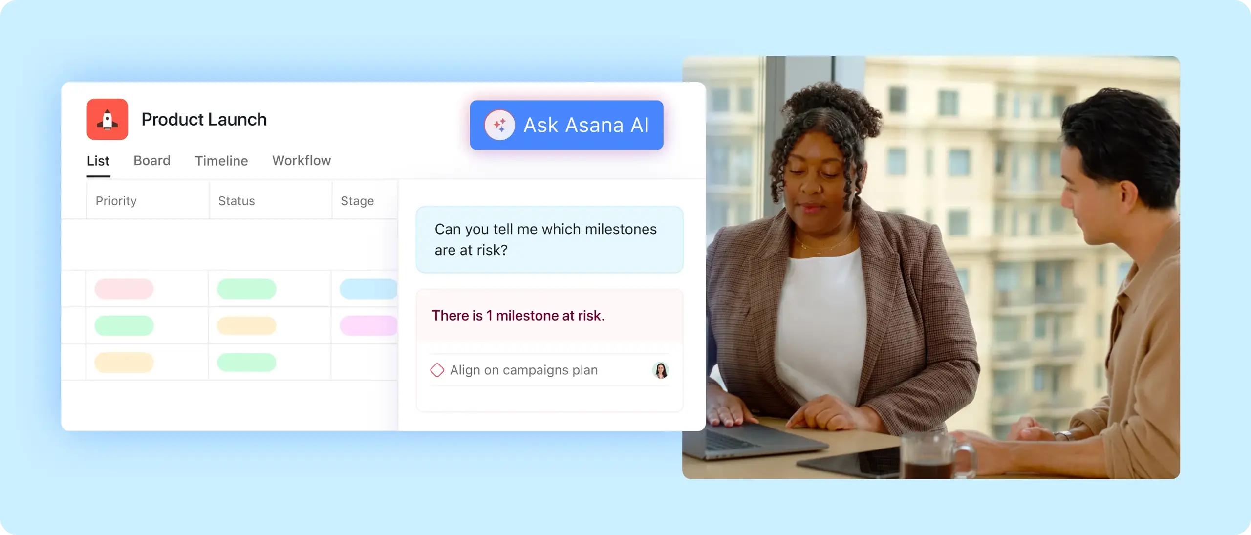 製品リリースプロジェクトのカスタムフィールドを作成する Asana AI の製品 UI