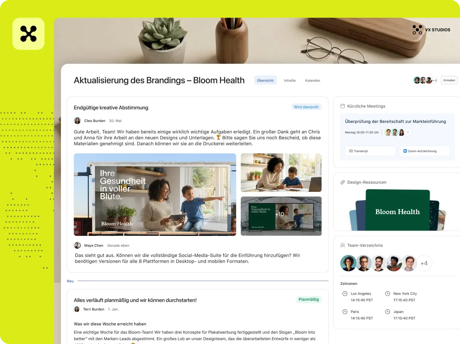 Asana UI for a "Bloom Health Brand Refresh" project. The feed shows a creative update with billboard mockups. A sidebar displays recent Zoom meetings, design resources, a team directory, and timezones.