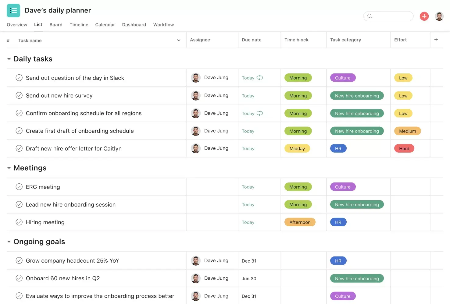 [Interface do produto] Modelo para projeto de planejador diário do Dave na Asana (visualização de lista)