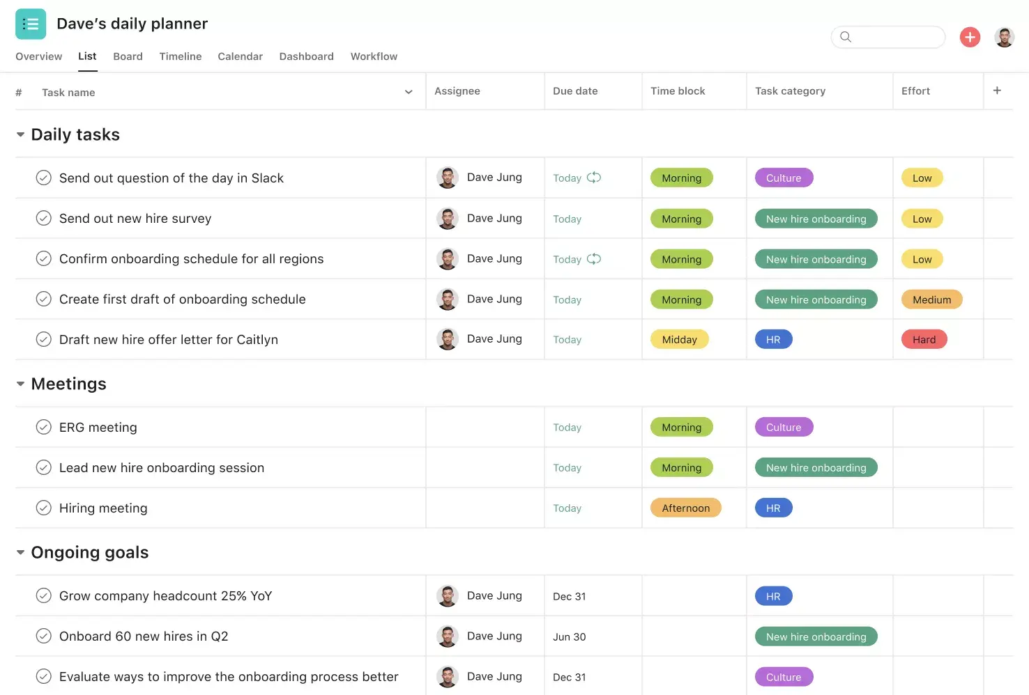 [Product ui] Dave's Daily planner project template in Asana (list view)