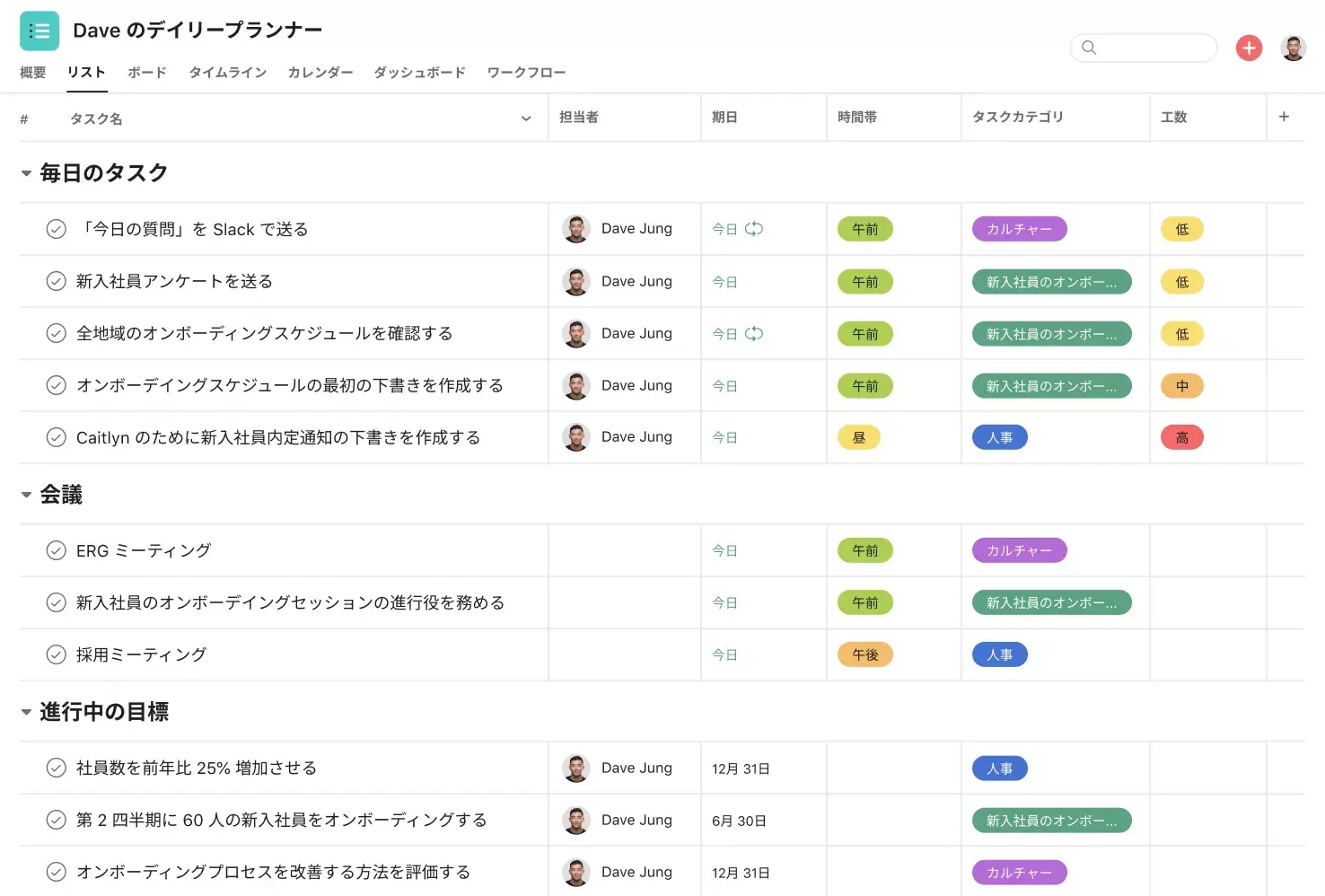 [製品 UI] Dave のデイリープランナーのテンプレート (Asana のリストビュー)