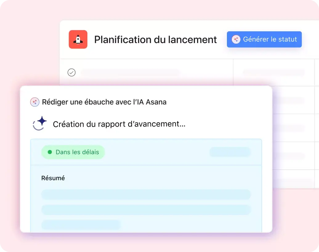 L’interface utilisateur produit montre l’IA Asana en train de générer un rapport d’avancement pour un projet existant