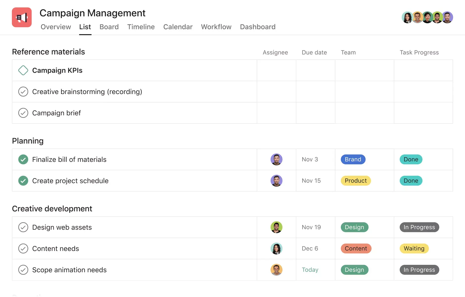 [Visualização de lista] Projeto de planejamento de campanha de marketing na Asana, em estilo planilha e com entregáveis de projeto