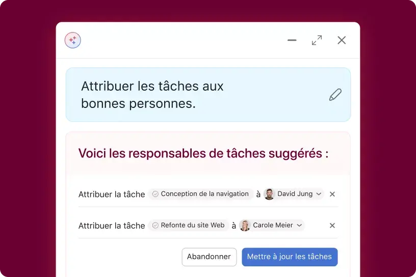 L’interface utilisateur produit montre la fonctionnalité collègues IA d’Asana en train d’analyser une tâche et de recommander à qui la tâche doit être attribuée