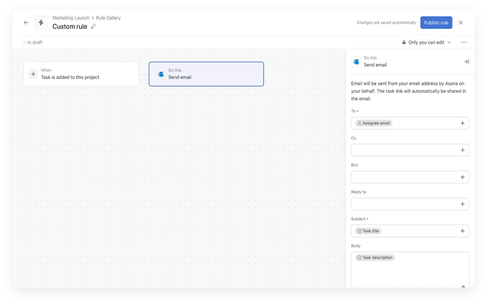 automate sending Outlook emails from Asana rules