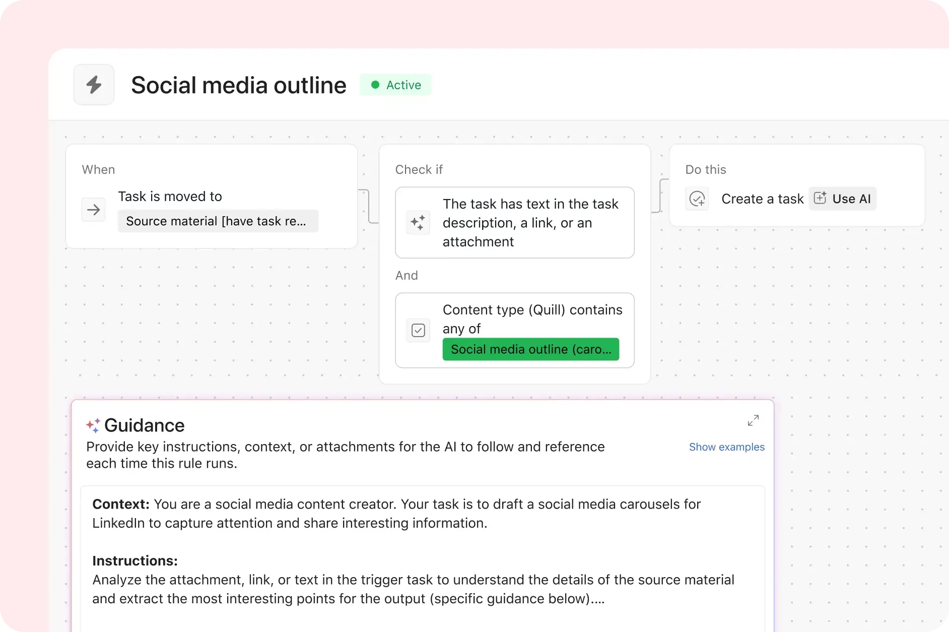 Product UI showing how to set up Asana AI Studio to draft social media content