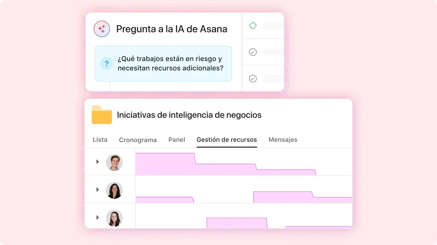 Imagen de dos empleados que usan Asana Intelligence: interfaz de usuario del producto de Asana