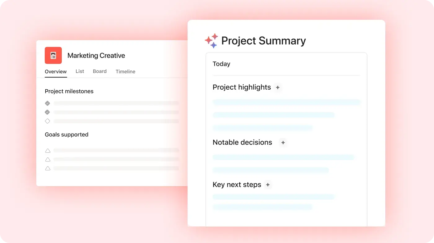 Product UI of Asana AI creating a summary of a project set up in Asana