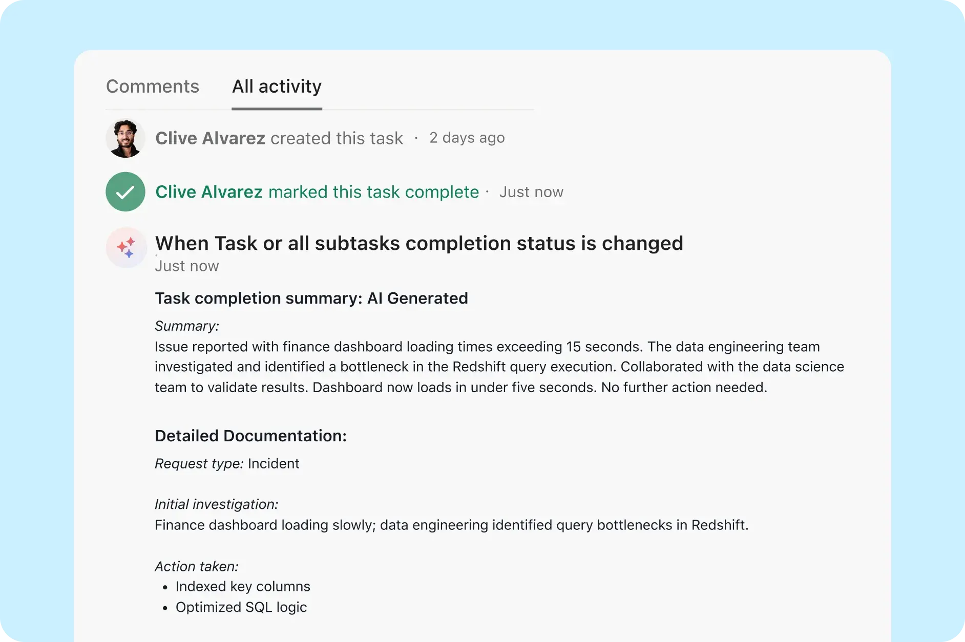 Asana product UI showing the output of AI Studio generating a summary