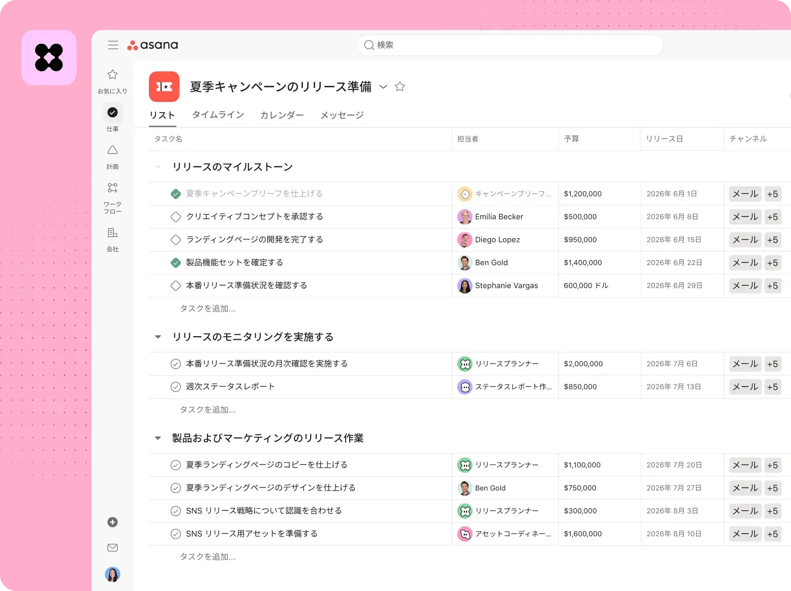 Asana UI displaying a "Summer Campaign Launch Readiness" project list. Sections include milestones and launch monitoring. Tasks are assigned to a mix of human team members and AI agents, such as a "Launch Planner" and "Status Reporter".