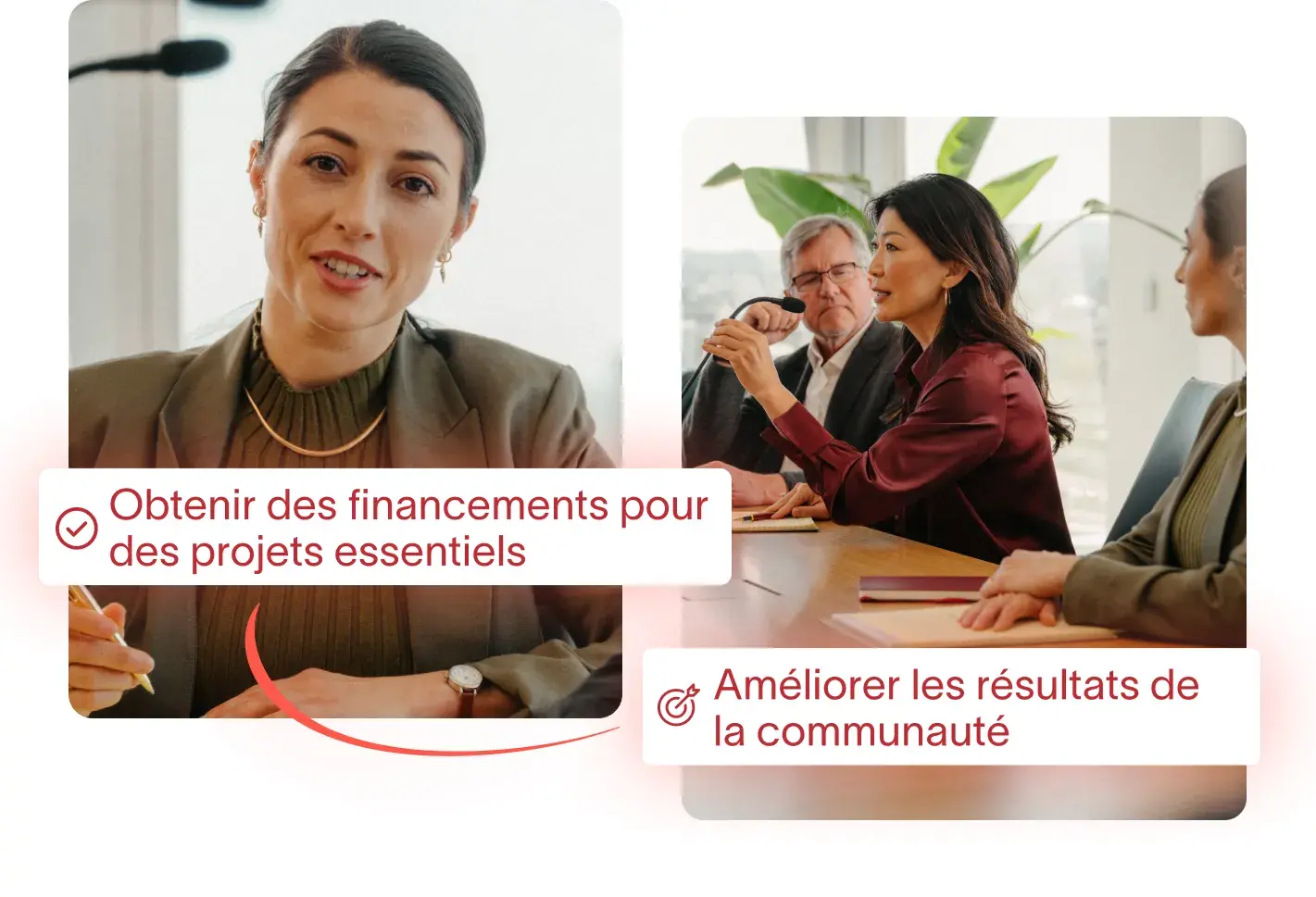 Une image divisée montrant une femme en visioconférence à gauche, avec le texte « Obtenir des financements pour des projets essentiels ». À droite, trois personnes sont en réunion, avec le texte « Améliorer les résultats de la communauté ».