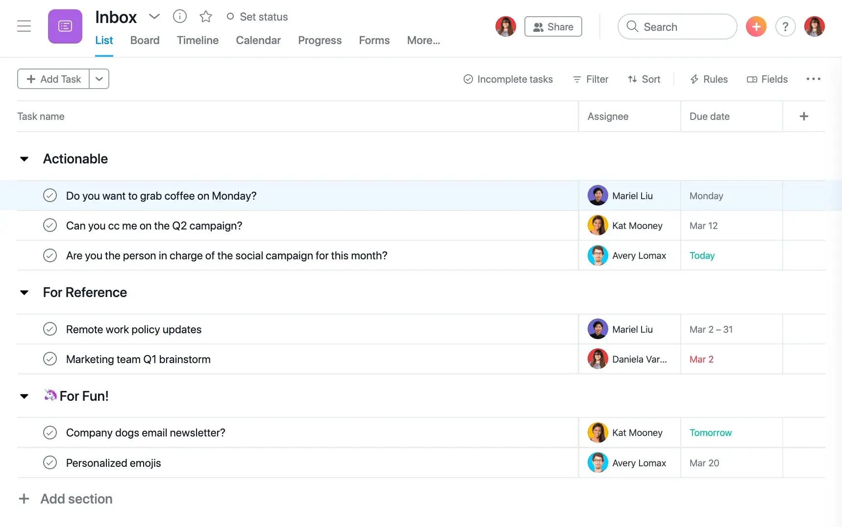 Product UI: Asana inbox