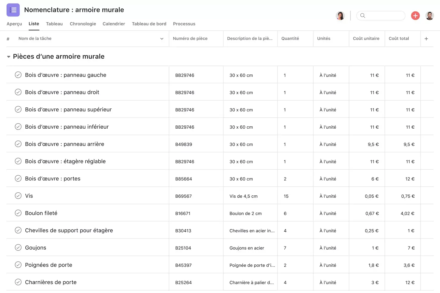 [Interface produit] Nomenclature sur Asana - vue Liste façon feuille de calcul