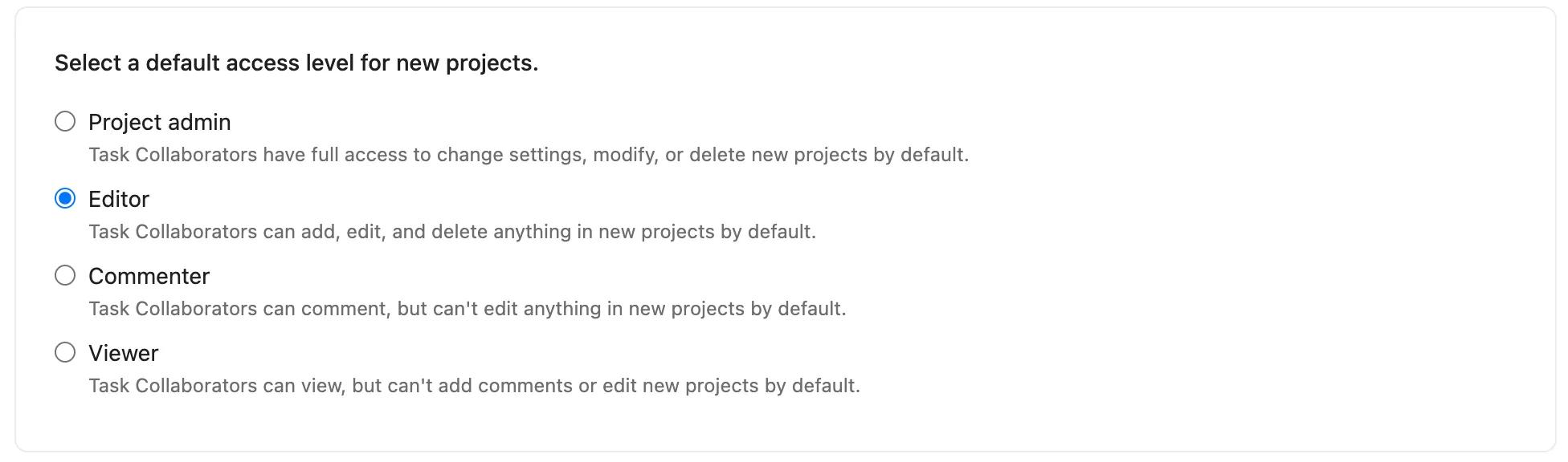 Select a default access level for new projects