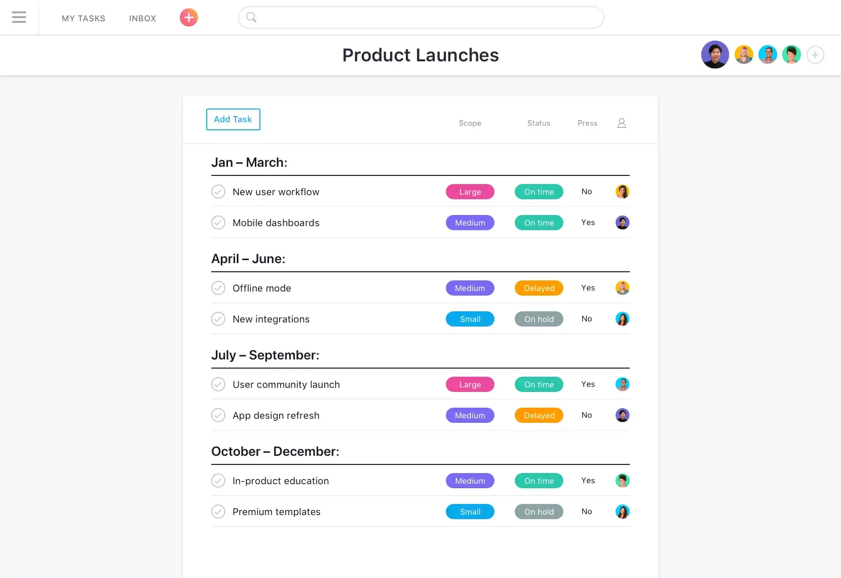 Interface de usuário do produto Asana: lançamentos de produto