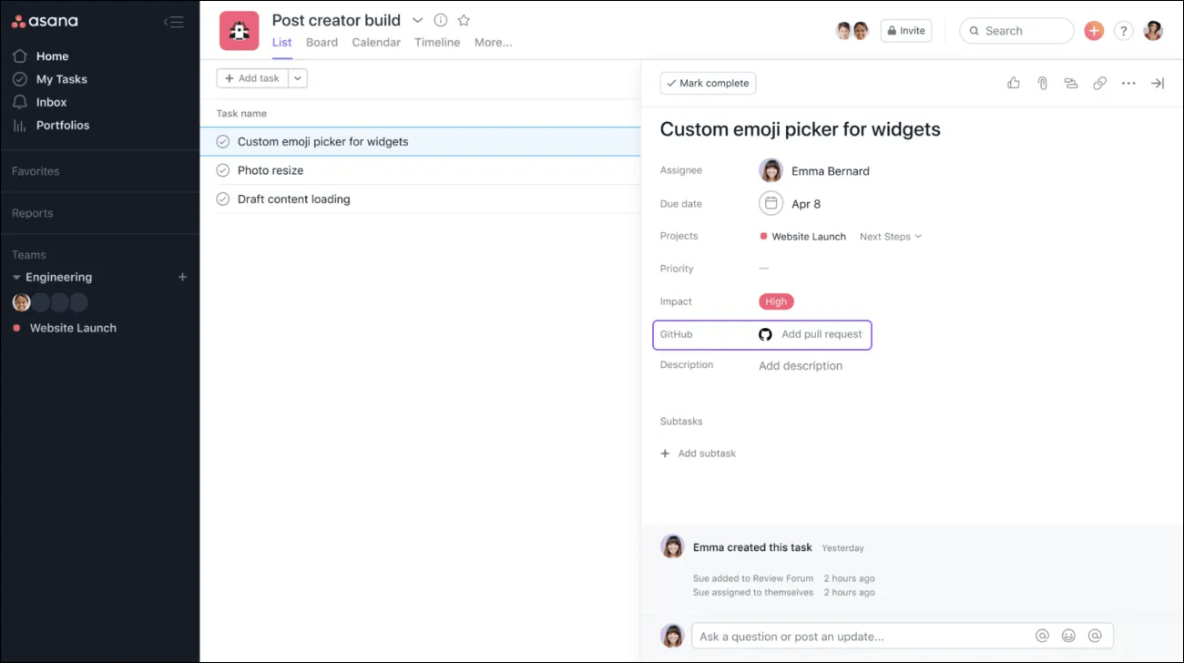 Github field on task